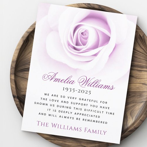 Sympathy thank you card with purple rose design and personalized memorial message.