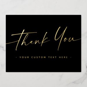Elegant script real foil thank you add text black foil holiday postcard