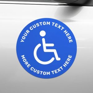 Handicapped disabled symbol text blue white round car magnet