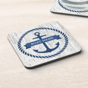 Anchor rope border boat name driftwood background beverage coaster