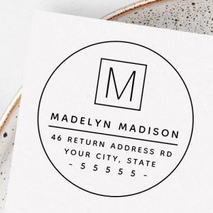 Monogram initial minimal round return address rubber stamp