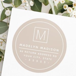 Monogram thin border light mocha return address classic round sticker