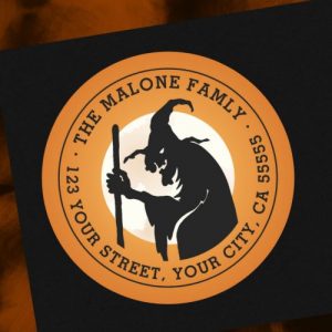 Wicked witch and moon orange Halloween return address labels