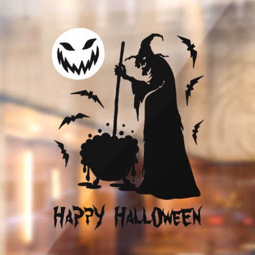 Witch stirring cauldron surrounded by bats and a scary moon Happy Halloween window cling