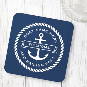 Anchor and rope boat name hailing port welcome beverage coaster