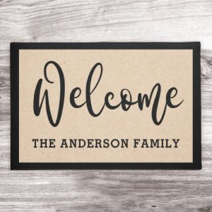 Elegant welcome family name neutral black border doormat
