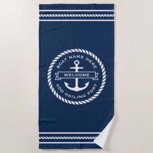 Anchor and rope boat name hailing port welcome beach towel