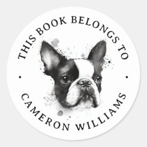 Boston terrier black and white watercolor painting book label