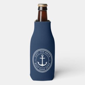 Custom captain and boat name bottle cooler with anchor and rope border