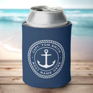 Custom captain and boat name can cooler with anchor and rope border