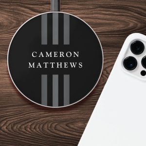 Elegant dark lines modern monogrammed black wireless charger