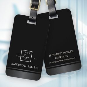 Elegant black luggage tag with gray gradient border and your custom logo