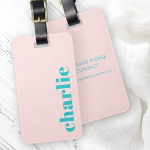 Modern typography pink and aqua blue luggage tag
