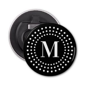 Monogram initial retro radial dots black and white bottle opener