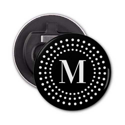 Monogram initial retro radial dots black and white bottle opener