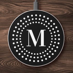 Monogram initial retro radial dots black white wireless charger
