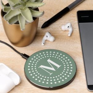 Monogram initial retro radial dots sage green wireless charger