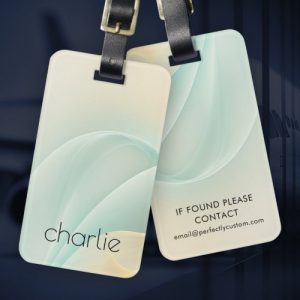 Soft light aqua blue and light yellow swirls custom name luggage tag