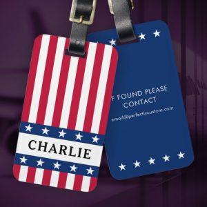 Patriotic USA-themed luggage tag with custom name and stars and stripes design