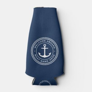 Welcome aboard boat name and anchor with rope border bottle cooler