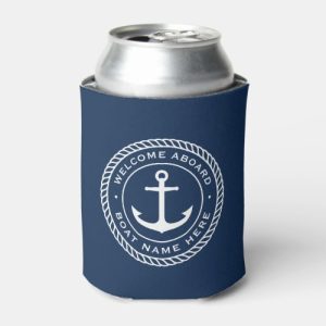 Welcome aboard can cooler with boat name and anchor and rope border design