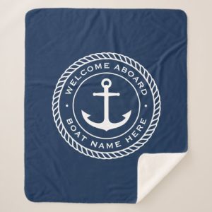 Welcome aboard sherpa blanket with boat name and anchor and rope border design
