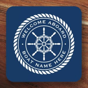 Welcome aboard boat name nautical ship's wheel beverage coaster
