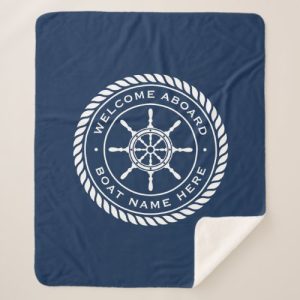 Welcome aboard boat name nautical ship's wheel sherpa blanket