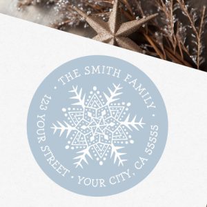 Whimsical snowflake dusty blue return address classic round sticker