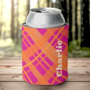 Pink aqua blue plaid pattern custom name can cooler
