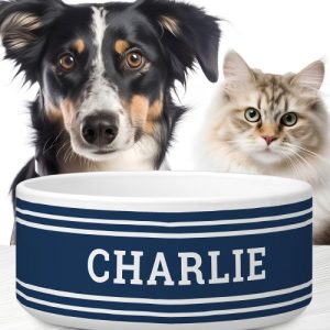Modern white lines dark blue dog or cat bowl