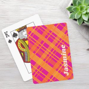Orange magenta plaid pattern custom name poker cards