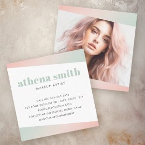 Trendy modern pink mint green gradient photo square business card