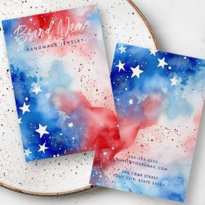 Custom patriotic earring display card with red, white, and blue watercolor background and white stars.
