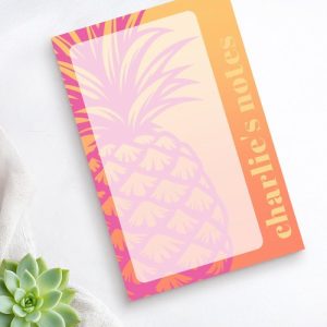 Custom pineapple sticky notes with a tropical orange, peach, and pink gradient background, featuring a large pink pineapple illustration and customizable side text area.