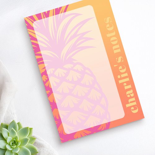 Custom pineapple sticky notes with a tropical orange, peach, and pink gradient background, featuring a large pink pineapple illustration and customizable side text area.