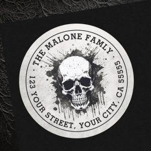 Skull on ink grunge splatter background Halloween return address labels