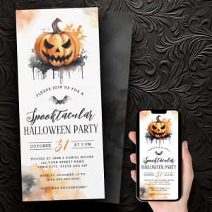 Spooky watercolor jack-o’-lantern Halloween party invitation