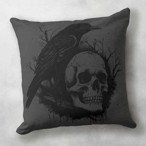 Subtle skull and raven black gray Halloween throw pillow