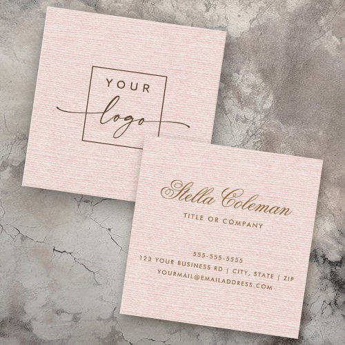 Elegant blush pink linen look custom logo square business card