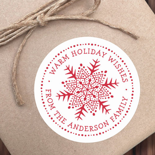 Folk art snowflake warm winter wishes white red classic round sticker