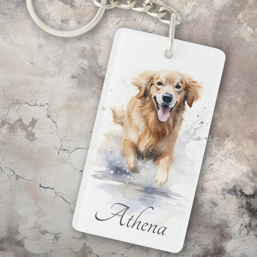 Golden retriever watercolor painting keychain with custom name