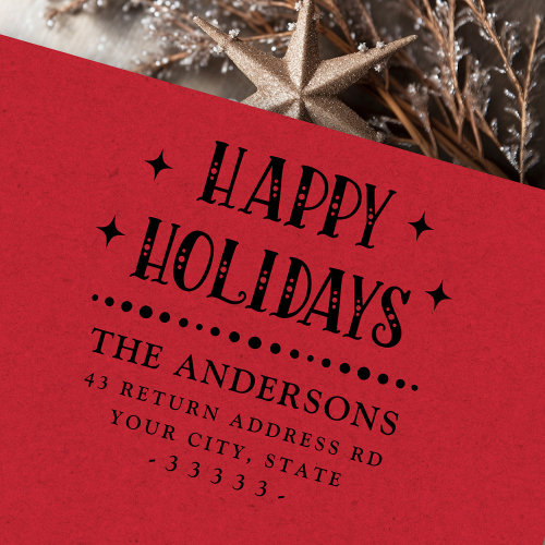 Happy Holidays return address rubber stamp with festive font and retro stars