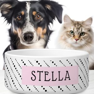 Cute polka dot stripes black white pink name bowl