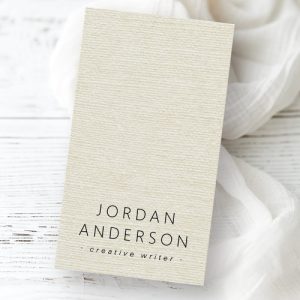 Cream linen look vertical business cards with custom logo and QR code