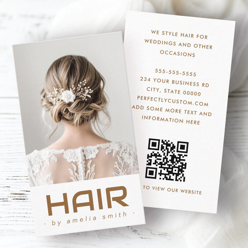 White bridal or wedding hair stylist business card with custom photo
