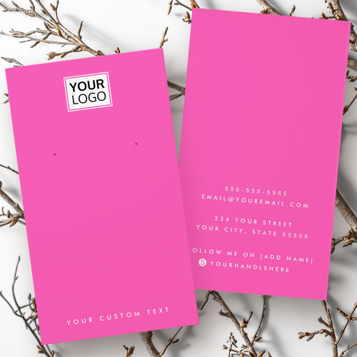 Hot pink earring display card with customizable logo, text, and business contact information.