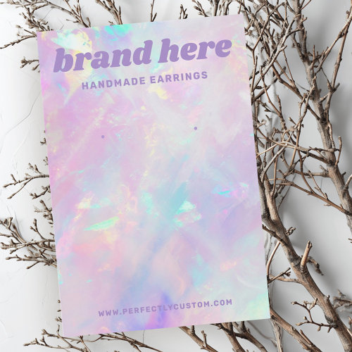 Customizable pastel iridescent print earring display cards with holographic look pattern pink, purple, and aqua background. Perfect for handmade jewelry branding, packaging, and boutique shops.