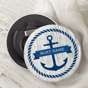 Anchor rope border boat name driftwood background bottle opener
