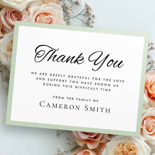 Elegant sympathy thank you card with light sage green border and classy typography, customizable with loved one’s name and message.